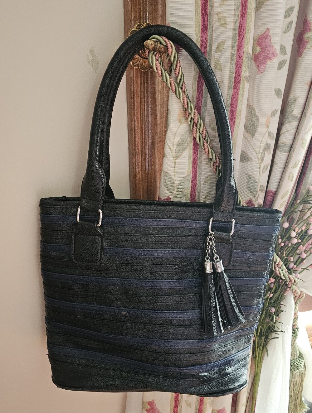 Black Faux-leather Tote Bag with Horizontal Navy Blue Stripes